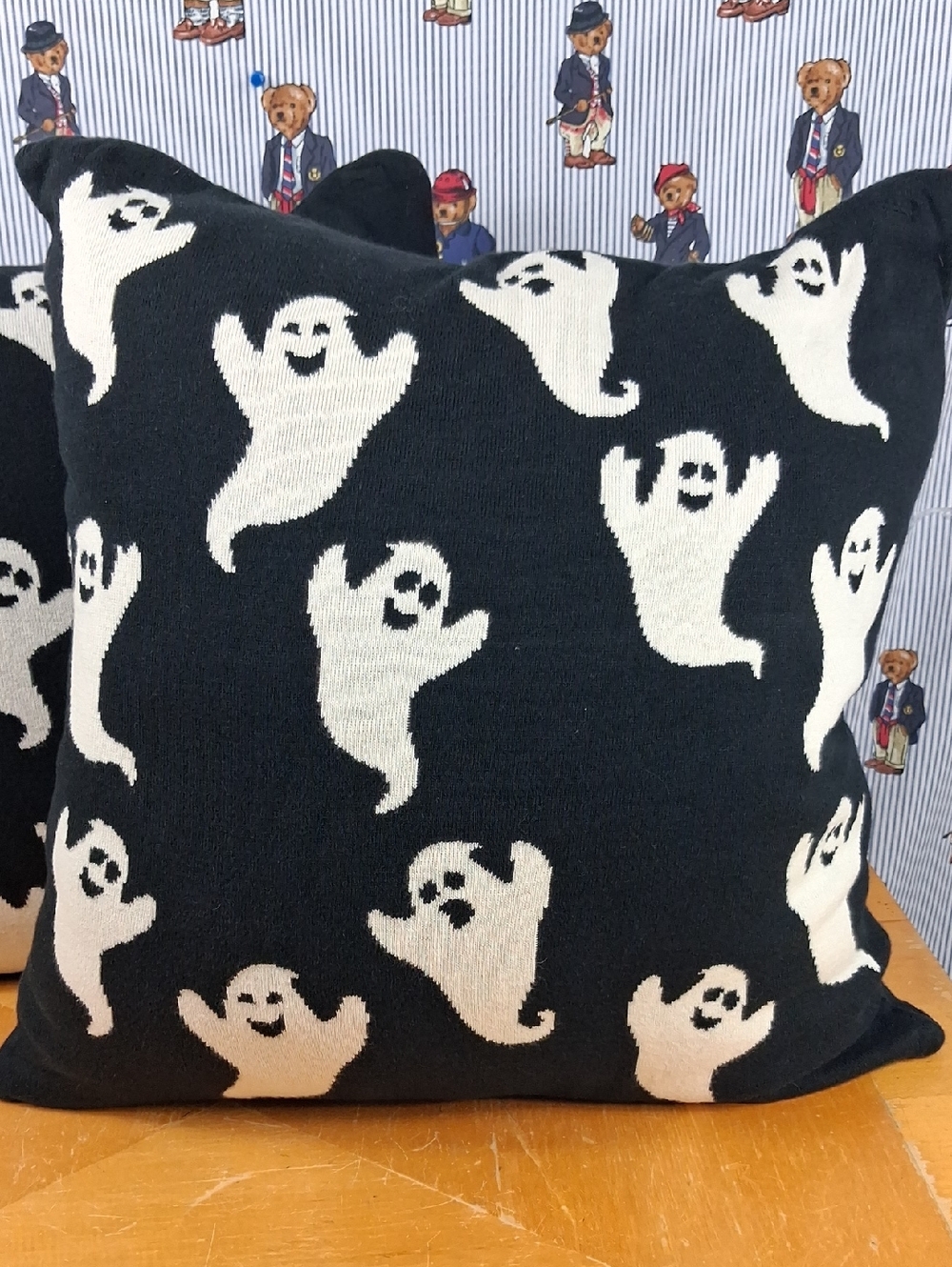 Lot Of 2 Mortar And Bone Mini Ghost Knit Black & White Halloween Throw Pillows - Picture 2 of 5
